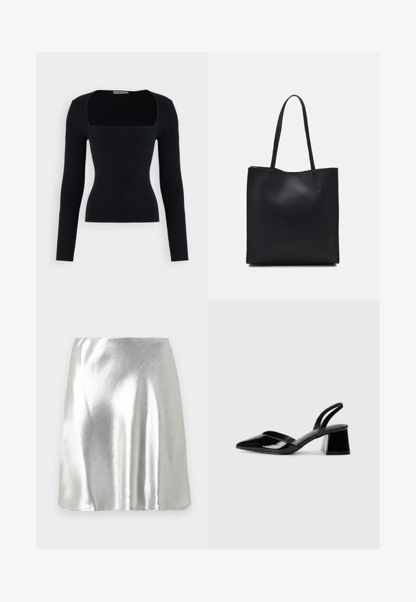 Musta ribattukangas pitkähihaine paita, jossa on neliön muotoinen pääntie. Istuva malli, joka korostaa kangasta. Pehmeä kangas, jossa on pystysuora ribbikuvio.; Hopeanvärinen metallinhohtoinen minihame, jossa on sileä pinta ja hillitty kiilto. Malli on levenevä ja helma on yksinkertainen ja siisti.; Mustat patentoitu nahkakengät, joissa on säären takaosa ja terävä kärki, sekä geometrinen palikkakorko. Sisältää tyylikkään, minimalistisen muotoilun ja sileän pinnan.; Mustapahkainen kangaskassi, jossa on sileä pinta, suorakaiteen muotoinen ja kaksi pitkää kahvaa. Ei näkyvää metalliosaa tai koristeita.