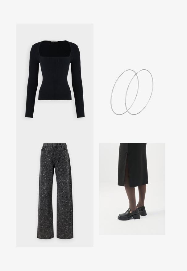 Melnā ribota garajiem piedurknēm augšdaļa ar kvadrātveida dekoltē. Pieguļošs dizains, kas izceļ tekstūru. Mīksta auduma vertikālās ribas raksts.; Noisy May NMJANNEL LOOSE - Brīva piegriezuma džinsi - black denim; Melni ādas apavi ar noapaļotu purngalu, biezām bloku papēžiem un elastīgiem sānu akcentiem, apvienoti ar tumšām zeķubiksēm un melnu svārku ar šķirbu.; Sudraba gredzenveida auskari ar minimālistisku dizainu. Cirkulāra forma, gluda tekstūra un plāns profils. Vieglu svaru ar spīdīgu apdari.