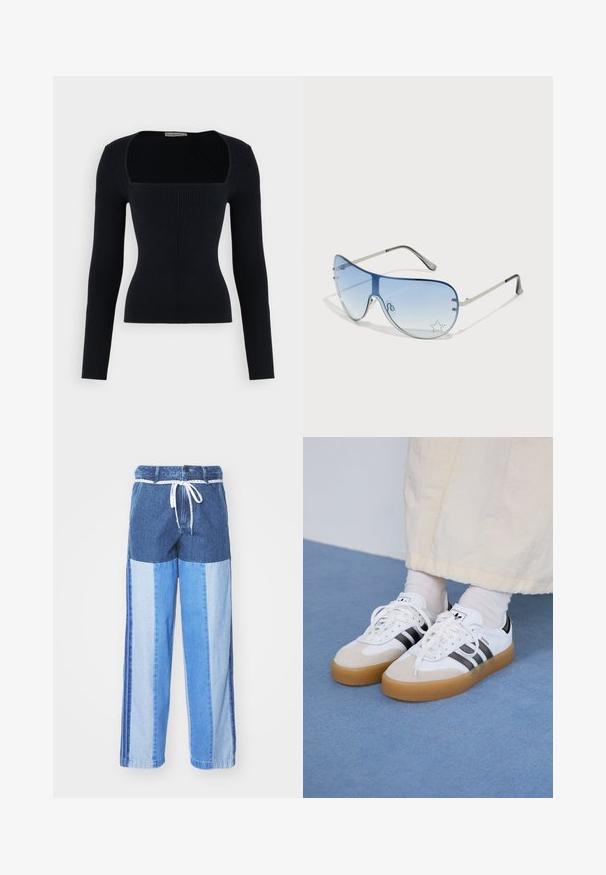 Juodas ilgomis rankovėmis apatinis marškinėlis su kvadrato formos iškirpte. Prigludęs dizainas, pabrėžiantis tekstūrą. Minkšta medžiaga su vertikaliu raukšlėjimosi raštu.; Mėlyni džinsiniai aptiniai su įvairių atspalvių mėlyno audinio intarpais, su tamprių juosmeniu ir laisvais, tiesiais kirpimais.; Baltos sportbačiai su noir juostomis ir šviesiai rudos zomšos akcentais. Yra tekstūruota gumos padas ir plokščiomis baltomis raištelėmis, dėvimi su šviesiai spalvotomis kojinėmis.; Aviatoriai akiniai su gradientiniais mėlynais objektyvais, sidabriniu metaliniu rėmu ir dekoratyvinėmis žvaigždžių akcentais ant objektyvų. Lygaus ir stilingo dizaino.