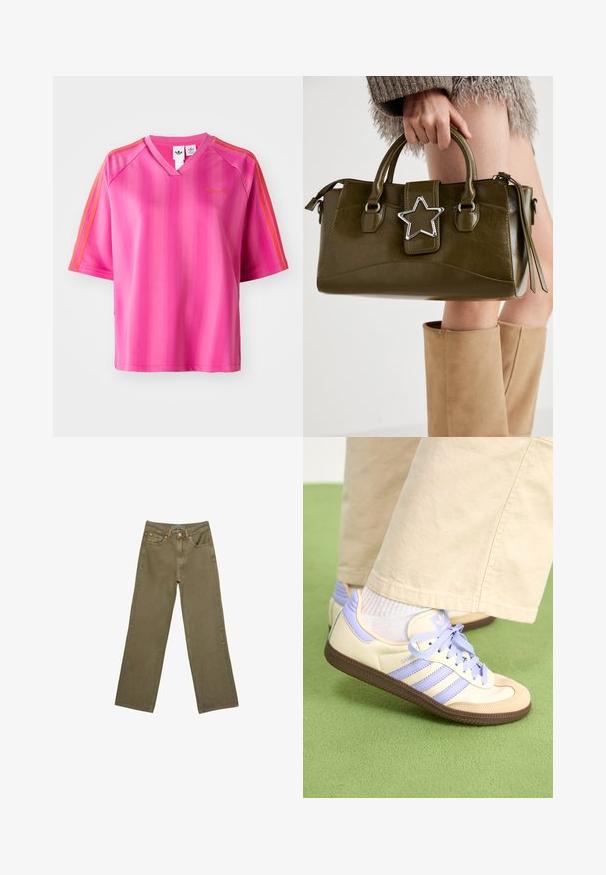 Rosa kortärmad träningsskjorta med V-ringning, featuring vertikala ränder och orangea accentränder på axlarna. Guldlogotyp på bröstet.; Olivgrön vida jeans i bomull med en kraftig textur. Har en dragkedja, fem fickor och kontrasterande sömmar vid midjan.; Krämfärgade och lavendelfärgade sneakers med tre ränder och en texturerad brun sula, med snören och en vadderad häl. Mjuk tygobero.; Olivgrön konstläderhandväska med silverstjärna som accent, dubbla handtag och dragkedjestängning. Texturerad yta och strukturerad form.