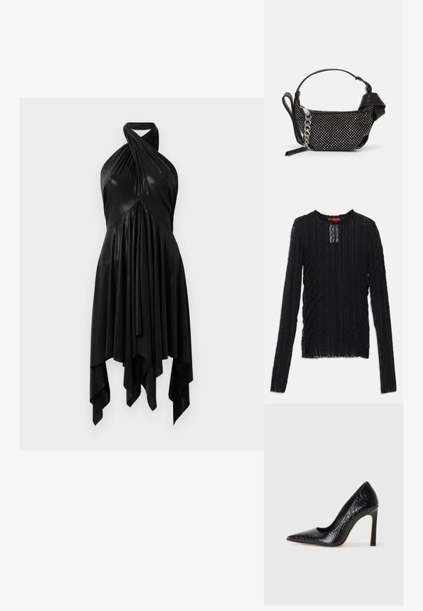 Sort langærmet top lavet af tekstureret blondestof, med rund halsudskæring, diskret rektangulært udsnit og ribbet mønster gennem hele. ; Sort halterneck kjole med draperet design. Fremstillet af skinnende materiale, med en snoet halsudskæring og asymmetrisk fald. Glat tekstur.; Sorte spidse tå stiletto-sko i krokodilleskind med et strømlinet design, høj hæl og glat sort inderside.; Sort håndtaske med naglede dekorationer, en kædestrop og et glat læderhåndtag, med en rund form og en lynlåslomme.