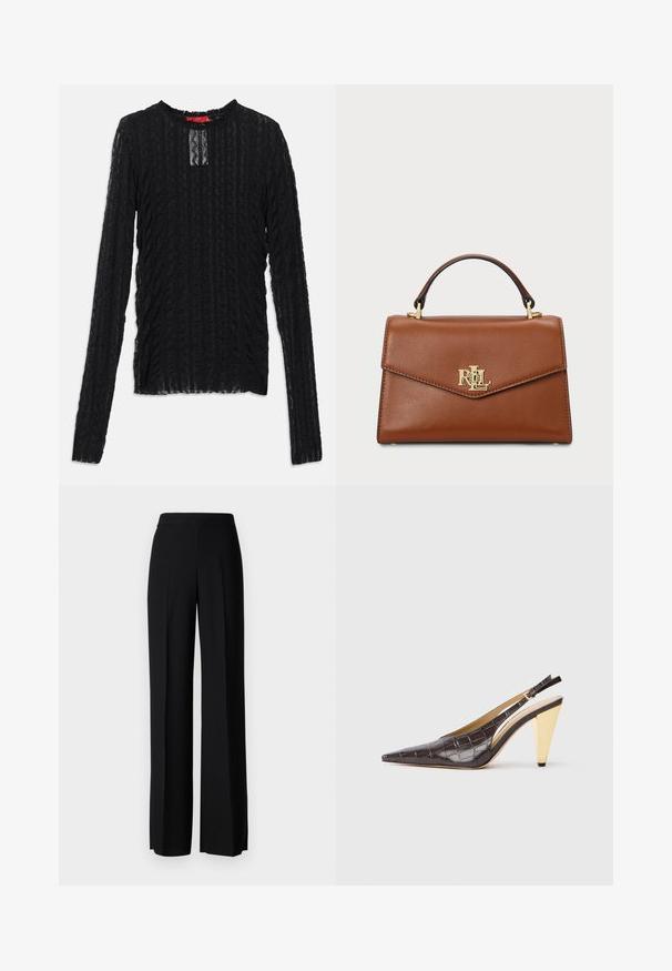 Zwarte langemouwen top van gestructureerde kant, met een ronde halslijn, subtiele rechthoekige uitsnijding en ribbelpatroon overal.; Zwarte wijde broek met een gladde textuur, voorzien van een hoge tailleband en middelste plooien. Geen zichtbare patronen of hardware-details.; Puntige slingback hak in donkerbruin glanzend faux krokodillenleer. Kenmerkt zich door een goudkleurige geometrische hak en een verstelbare enkelband.; Bruine leren handtas met een gestructureerd ontwerp, een bovenhandgreep, gouden hardware en een logo-accent aan de voorkant. Gladde textuur.