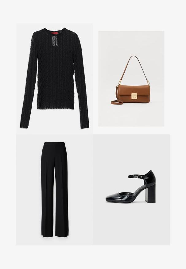 Musthave mustvalge lõhikuga pika varrukaga ülikond, millel on ümmargune kaelus, peen, ristküliku kujuline lõige ja ribakujuline muster.; Mustad laiad püksid mustas värvitoonis, sujuva tekstuuri ja kõrge vöökoha ning keskmiste voldikutega. Ilma nähtavate mustrite või tarvikute detailideta.; Mustad lakknahk kingad kõrge kontsaga, ruudukujulise varbaga, pahkluu rihmaga ja paksu kontsaga. Sisaldab perforatsioonidega detaile ääres.; Pruun nahkämma, millel on kuldne klamber, lame disain, lühike käepide ja reguleeritav õlavöö. Sile tekstuur ja struktureeritud siluett.