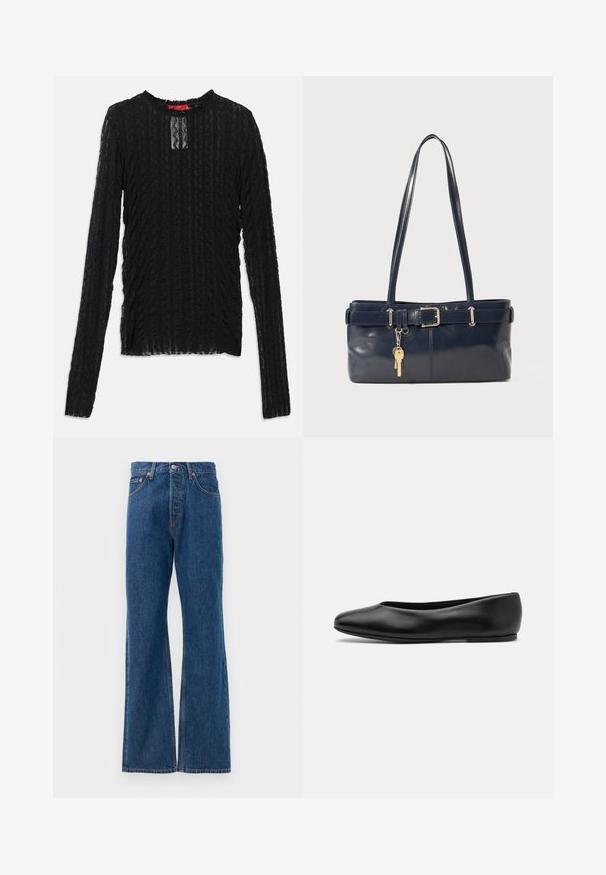 Top negro de manga larga hecho de encaje texturizado, con un escote redondo, un sutil corte rectangular y un patrón acanalado en todo su diseño.; Vaqueros acampanados de mezclilla azul con alta cintura, que cuentan con cinco bolsillos, un cierre de botón plateado y costuras visibles.; Paul Smith TOPANGA - Bailarinas - black; Bolso de mano de cuero navy con dos asas largas, un detalle de hebilla y un llavero adjunto. Presenta una textura suave y una forma rectangular.