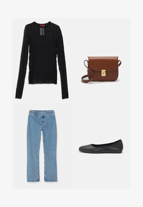 Haut noir à manches longues en dentelle texturée, avec un col rond, une découpe rectangulaire subtile et un motif côtelé sur l'ensemble.; Jean en denim bleu clair à jambe droite avec fermeture à bouton et à fermeture éclair, passants de ceinture et couture standard sur fond blanc.; Ballerines en cuir noir avec un bout rond, texture lisse, détails de couture minimalistes et design de semelle flexible.; Sac à main en cuir marron avec une fermeture à rabat, des accents en métal doré, une bandoulière et une texture lisse. Forme rectangulaire compacte.