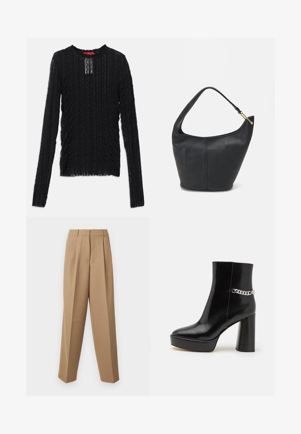 Schwarzes Langarmtop aus strukturiertem Spitze, mit Rundhalsausschnitt, subtiler rechteckiger Aussparung und durchgehendem Rippenmuster.; Beige maßgeschneiderte Hose mit hoher Taille, gefaltetem Vorderteil und weitem Bein. Der Stoff wirkt glatt mit einem leichten Glanz.; Schwarze Lackleder-Ankle-Boots mit plattenförmigem Absatz und hohem Blockabsatz. Verfügt über einen silbernen Kettenakzent an der Seite. Glatte Textur.; Schwarze Lederhandtasche mit abgerundeter Form, breitem Tragegurt und strukturiertem Finish. Besitzt eine subtile Nahtdetails und einen Akzent aus goldfarbenem Metall.