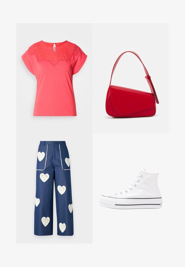Coral short-sleeve t-shirt featuring a detailed lace overlay neckline, round shape, and back keyhole button closure.; Sister Jane HEART TO HEART - Straight leg jeans - blue denim; White high-top canvas sneaker with black rubber sole, front rubber toe cap, and six eyelets for laces, featuring a clean, minimalist design.; Red leather handbag with an angular, geometric design. Features a single adjustable strap and a flap closure with stitched detailing.