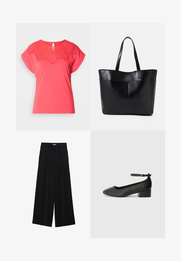 Coral short-sleeve t-shirt featuring a detailed lace overlay neckline, round shape, and back keyhole button closure.; Black wide-leg pants featuring a textured fabric, an elastic waistband, and a detachable sash tie at the waist for adjustable fit.; Black leather pump with a pointed toe and a low block heel. Features an ankle strap with a gold-tone buckle. Smooth texture.; Black leather tote bag with two long handles, a smooth texture, and a structured shape. Features a front pocket for additional storage.