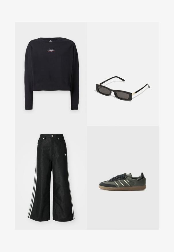 Juodas trumpas džemperis, pagamintas iš medvilnės, su apvaliu iškirpimu ir ilgomis rankovėmis. Maža logotipo grafika pilka ir raudona ant krūtinės.; Juodos plačios džinsinės kelnės su trimis baltais juostelėmis kiekvienoje pusėje ir mažu baltu logotipu. Yra priekiniai kišenės ir sagčių užsegimas.; adidas Originals SAMBA OG - Sportbačiai - core black/legend earth/gum; Juodos stačiakampės akinių nuo saulės su tamsiais lęšiais, blizgančiais plastikinių rėmų ir auksiniais akcentais ant šventyklų. Minimalistinis dizainas ir elegantiška forma.