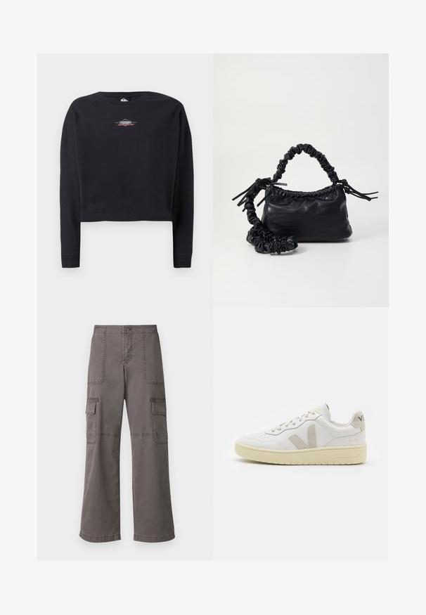 Felpa nera cropped in cotone, con scollatura rotonda e maniche lunghe. Piccola grafica del logo in grigio e rosso sul petto.; Pantaloni cargo grigi in cotone con un design a gamba larga, dotati di due tasche anteriori, due tasche laterali e dettagli di cucitura visibili.; Sneaker in pelle bianca con dettagli in suede beige, punta perforata, lacci piatti e suola testurizzata color crema. Presenta un logo discreto sul tallone.; Borsa a tracolla in ecopelle nera con texture a coccodrillo, apertura cinchata e tracolla arricciata. Si presenta con un design morbido e compatto.