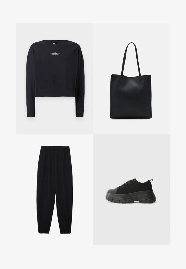 Fekete, pamutból készült, rövidített sweatshirt, kerek nyakkivágással és hosszú ujjakkal. Kis logó grafika szürkében és pirosban a mellrészen.; Fekete, könnyű nadrág elasztikus derékkal és ráncolt bokákkal. Az anyag sima és laza, szűkített dizájnnal rendelkezik.; Fekete sportcipők vastag gumitalppal, texturált szövet felsőrésszel, kerek orral és fűzős kialakítással. Megerősített fűzőlyukakkal és hátsó húzófüllel rendelkezik.; Fekete bőrtáska sima felszínnel, téglalap alakú, két hosszú füllel. Nincs látható fémkiegészítő vagy díszítés.