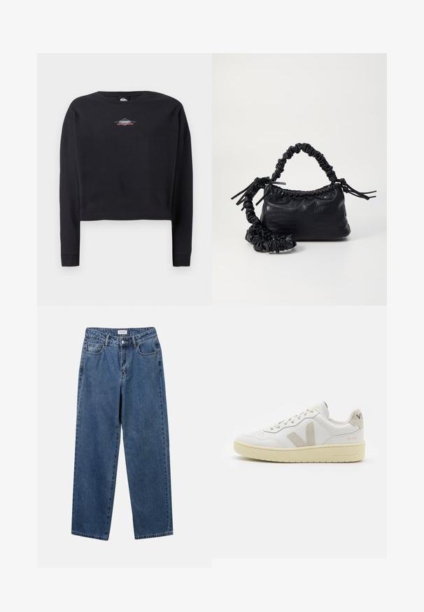 Felpa nera cropped in cotone, con scollatura rotonda e maniche lunghe. Piccola grafica del logo in grigio e rosso sul petto.; Jeans in denim blu classico con design a gamba dritta, cinque tasche e chiusura con bottone. Presentano un lavaggio medio e una trama robusta.; Sneaker in pelle bianca con dettagli in suede beige, punta perforata, lacci piatti e suola testurizzata color crema. Presenta un logo discreto sul tallone.; Borsa a tracolla in ecopelle nera con texture a coccodrillo, apertura cinchata e tracolla arricciata. Si presenta con un design morbido e compatto.