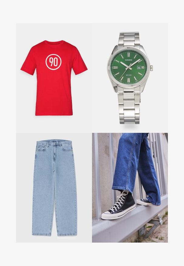 Tricou roșu din bumbac, cu un grafic circular alb în centrul căruia se află cifra "90". Gât clasic tip crew și mâneci scurte.; Jeans din denim de culoare albastru deschis, cu un design cu picioare drepte, având talie medie, cinci buzunare și un sistem de închidere cu nasture și fermoar.; Tenisi negri tip gheată cu talpă și șireturi albe, asortați cu blugi albaștri largi, sprijiniți pe un balustradă gri.; Ceas din oțel inoxidabil argintiu cu un cadran verde rotund, marcaje de oră argintii, afişaj pentru dată și o brățară din linkuri metalice. Rezistent la apă până la 50 de metri.