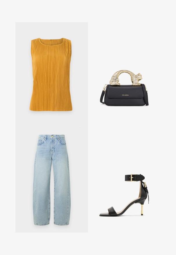Top galben muștar fără mâneci, cu pliseuri verticale, decolteu rotund și o textură netedă. Design simplu, fără embellishments suplimentare.; Jeans din denim de un albastru deschis, cu pantaloni largi, talie înaltă, ușoară decolorare, cinci buzunare și accesorii în ton de aur. Zăbala este dreaptă și nefinisată.; Sandal cu toc înalt din piele neagră, cu vârf pătrat, curea pentru glezna cu cataramă aurie și toc metalic subțire. Textură netedă, design minimalist.; Geantă de piele neagră cu un mâner în formă de pisică aurie, având clapetă frontală, curea ajustabilă și detaliu cu logo în partea inferioară frontală.