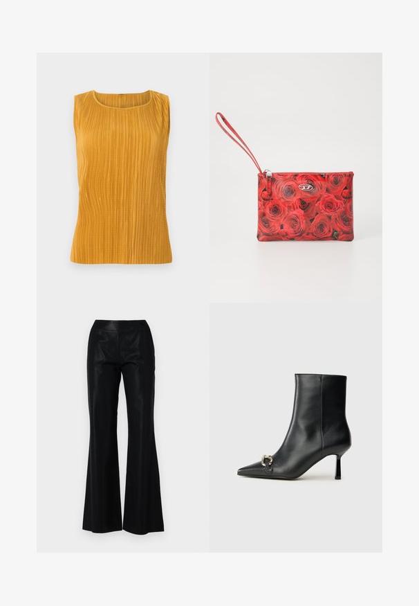 Mustard yellow sleeveless top with vertical pleats, round neckline, and a smooth texture. Simple design with no additional embellishments.; Black flared trousers made of smooth, shiny fabric. Features a fitted waistband and subtle pinstripes for texture and detail.; Black leather ankle boot with pointed toe, slim mid-height heel, and silver buckle detail on side against plain background.; Red floral wristlet pouch featuring a rose pattern, zip closure, silver hardware, and a wrist strap for convenient carrying.