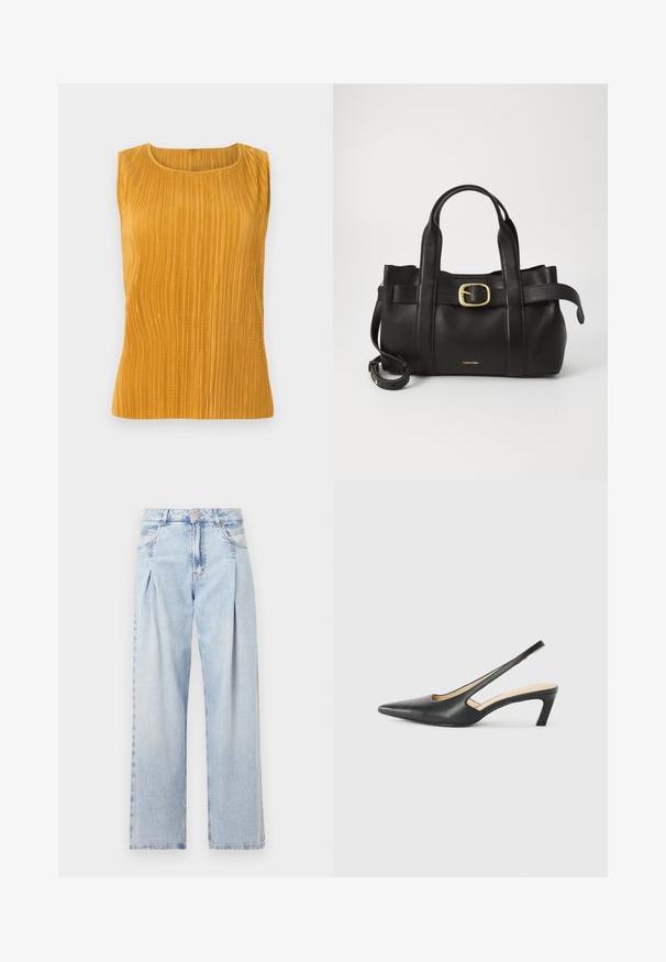 Mustár sárga ujjatlan felső függőleges pliszékkal, kerek nyakkivágással és sima textúrával. Egyszerű dizájn, további díszítések nélkül.; Világoskék farmernadrág magas derekú, bő szabású, két oldalsó zsebbel és pliszírozott dizájnnal. Puha tapintású, elhalványított felület.; Fekete, hegyes orrú, slingback cipő alacsony sarkával, sima bőrből készült, oldalt kivágott deisgnal a légáteresztőképesség érdekében.; Fekete bőr kézitáska, amely strukturált kialakítással rendelkezik, dupla felső fogantyúval, arany tónusú csattal és a márka dombornyomott logójával az elején.