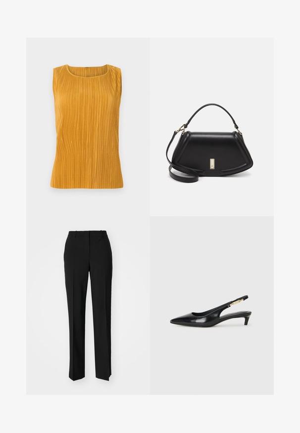 Top senza maniche color giallo senape con pieghe verticali, scollatura tonda e una texture liscia. Design semplice senza ulteriori decorazioni.; Pantaloni neri su misura con un design a gamba dritta, caratterizzati da una texture liscia e pieghe ben definite sul davanti. Senza hardware visibile.; Tacchi slingback in pelle nera con punta affusolata, caratterizzati da un tacco alto e un accento dorato sulla cinghia regolabile. Texture liscia.; Borsa a mano in pelle nera con un design strutturato, caratterizzata da una forma corta, manico superiore e accessori in metallo dorato. Inclusa tracolla regolabile.