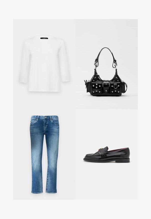 WEEKEND MaxMara MULTIA - Maglietta a manica lunga - bianco; Jeans in denim azzurro chiaro con un design a gamba dritta, sfumature sottili e vita media. Presenta cinque tasche e passanti per cintura.; Mocassini neri in pelle con un motivo cucito, texture liscia, dettaglio con fibbia dorata e punta arrotondata, posizionati su una suola bassa nera.; Borsa a mano in pelle nera con design curvo, caratterizzata da borchie argentate, una fibbia e due tasche laterali. Tracolla regolabile per diverse opzioni di trasporto.