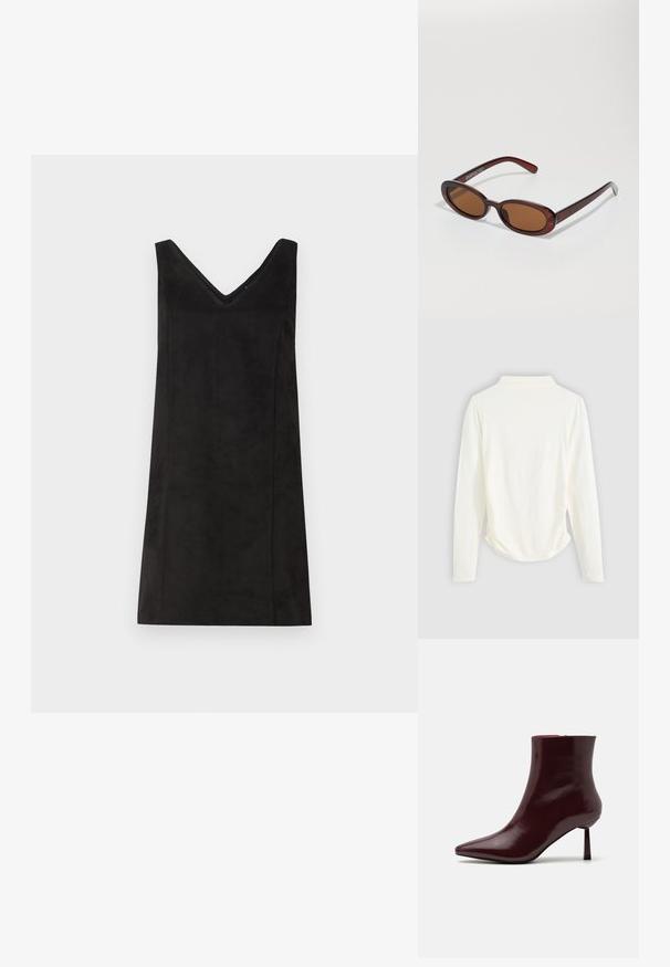 Camisa de manga longa em tecido creme, apresentando um leve franzido nas laterais e um colarinho clássico. Textura suave, design simples.; Vestido preto sem mangas com decote em V, feito de um material suave, apresentando um corte reto e detalhes mínimos. Textura lisa.; Bota de tornozelo em pele patinada bordeaux com bico pontiagudo e um salto agulha slim, apresentando uma textura lisa e brilhante e um design minimalista.; Óculos de sol redondos, com uma tonalidade castanha e uma armação glossy em bordeaux. Braços finos com um detalhe discreto de marca. Design de lentes planas.
