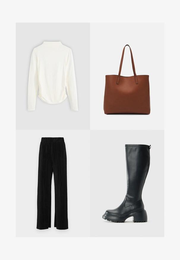 Long-sleeve top in cream-colored fabric, featuring a slight gathering at the sides and a classic collar. Smooth texture, simple design.; Black pleated trousers with an elastic waistband. Features wide legs and a smooth, textured fabric with vertical stripes.; Tall black leather boot with chunky platform sole and block heel, featuring pull tab and textured tread on outsole.; Brown leather tote bag with a smooth texture, open top design, and two shoulder straps. Features minimal stitching and no visible hardware.
