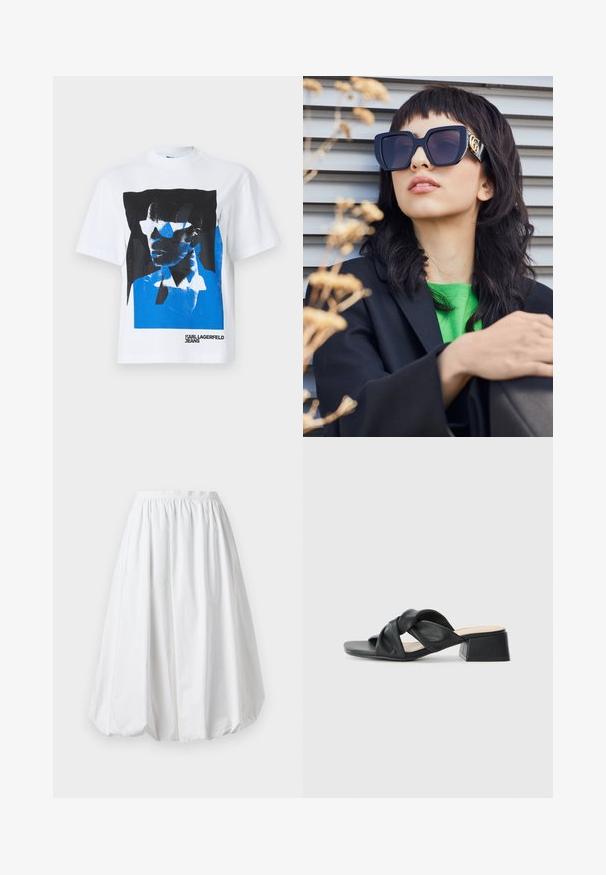 Camiseta blanca de manga corta con un estampado gráfico en azul y negro de una cara que lleva gafas de sol. Texto 'KARL LAGERFELD JEANS' en la parte inferior.; Falda blanca hasta la rodilla con una cintura elástica y forma de globo. Fabricada en un tejido ligero con una textura suave.; Sandalia de cuero negro con un diseño superior retorcido, punta cuadrada y un bajo tacón bloque, con una textura suave y un estilo minimalista.; Gafas de sol de gran tamaño de color negro con un marco grueso y detalles en dorado, llevadas con un blazer negro y una camisa verde brillante, contra un fondo horizontal.