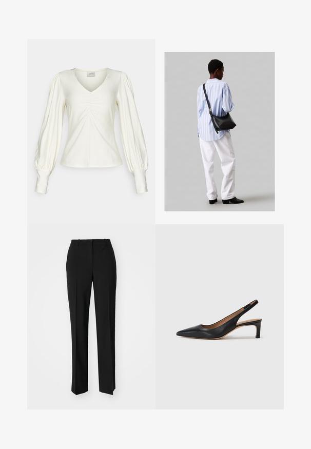 Cremefarvet langærmet top med V-hals, der har samlede detaljer foran og puffede ærmer, der afsluttes ved manchetten.; Sorte skræddersyede bukser med lige ben-design, der har en glat tekstur og skarpe folder langs fronten. Ingen synlige hardware.; Sort læder slingback pumpe med spids tå, lav hæl og en glat overflade. Har en tynd justerbar rem for en sikker pasform.; Sort læder skuldertaske med en blød tekstur, trekantet form og justerbar strop, kombineret med en lyseblå stribet skjorte og hvide bukser.
