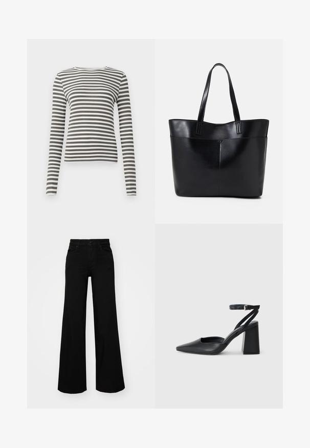 Langemouwige top in olijfgroen met witte strepen. Ribbelstructuur, ronde halslijn en aangesloten pasvorm. Geen zichtbare hardware of accenten.; Zwarte wijdvallende broek van denim, met een gestructureerde tailleband, riemlussen en voorzakken. Glad van textuur met een klassiek ontwerp.; Zwarte leren puntige pump met een enkelbandje en een chunky hak. Vlakke textuur, strakke vormgeving en minimalistische esthetiek.; Zwarte leren tote bag met twee lange handvatten, een zachte textuur en een gestructureerde vorm. Voorzien van een voorvak voor extra opslagruimte.