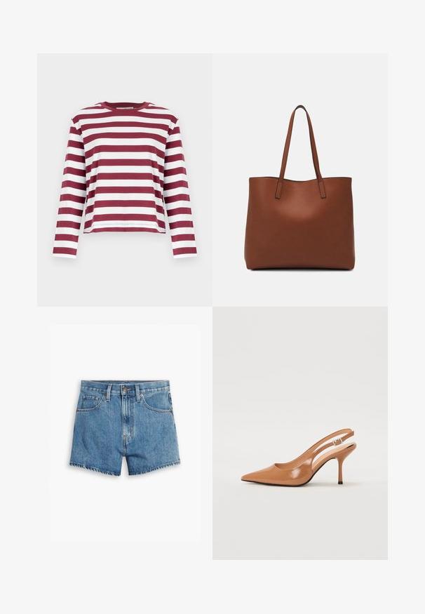Selected Femme SLFESSENTIAL BOXY TEE - Langarmshirt - zinfandel; Hellblaue Denim-Shorts mit fünf Taschen, einem Reißverschluss und einem Knopfverschluss. Der Saum ist fransig und das Design bietet eine lässige Passform.; Spitz zulaufender Slingback-Absatz aus einem glatten, glänzenden, tanfarbenen Material. Mit einem geschwungenen Ausschnitt-Design und einem schlanken Stiletto-Absatz. Silberne Schnallendetails.; Braune Leder-Tote mit glatter Textur, offenem Oberteil und zwei Schulterriemen. Verfügt über minimale Nähte und keine sichtbaren Beschläge.