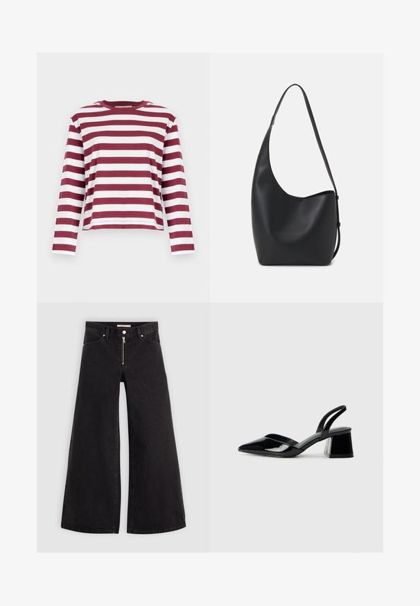 Selected Femme SLFESSENTIAL BOXY TEE - Top dugih rukava - zinfandel; Široke traperice od crnog denima s prednjim zatvaračem, dizajnom s pet džepova i suptilnim detaljima šivanja. Glatka tekstura i ležeran stil.; Crne lakirane kožne sandale s otvorenom petom i špicastim vrhom, s geometrijskom blok petom. Imaju elegantan, minimalistički dizajn i glatku teksturu.; Crna kožna hobo torba s glatkom teksturom, zakrivljenim oblikom i jednom podesivom trakicom; ima širok otvor na vrhu.