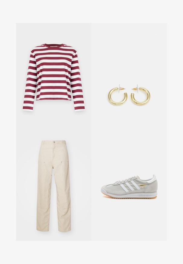 Selected Femme SLFESSENTIAL BOXY TEE - Maglietta a manica lunga - zinfandel; Pantaloni in lino beige con vestibilità rilassata, dotati di tasche laterali e dettagli di cucitura decorativi, vita senza cuciture e gambe dritte.; Sneaker grigio chiaro realizzato in suede e rete, con tre strisce bianche, punta arrotondata e suola in gomma color caramello. Accento del logo dorato vicino ai lacci.; Orecchini a cerchio in oro con una finitura liscia e lucida. Design circolare con un piccolo perno e una chiusura trasparente per un indosso sicuro.