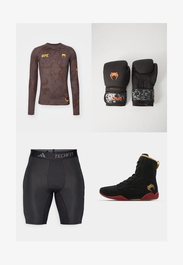 Koszulka sportowa z długim rękawem w brązowym kolorze z fakturowanym wzorem, z żółtym logo UFC i akcentami, zaokrąglonym dołem oraz dopasowanym krojem.; Czarne szorty sportowe wykonane z gładkiego, elastycznego materiału. Posiadają szeroki, markowy pas oraz szwy płaskie, zapewniające komfort i trwałość.; Wysoki but sportowy z czarną siateczką i materiałami syntetycznymi, teksturowanymi akcentami, czerwoną gumową podeszwą i złotymi detalami na kostce.; Czarne rękawice bokserskie o matowym wykończeniu i ergonomicznym kształcie. Pomarańczowe detale logo oraz rękawy w wzór kamuflażowy.