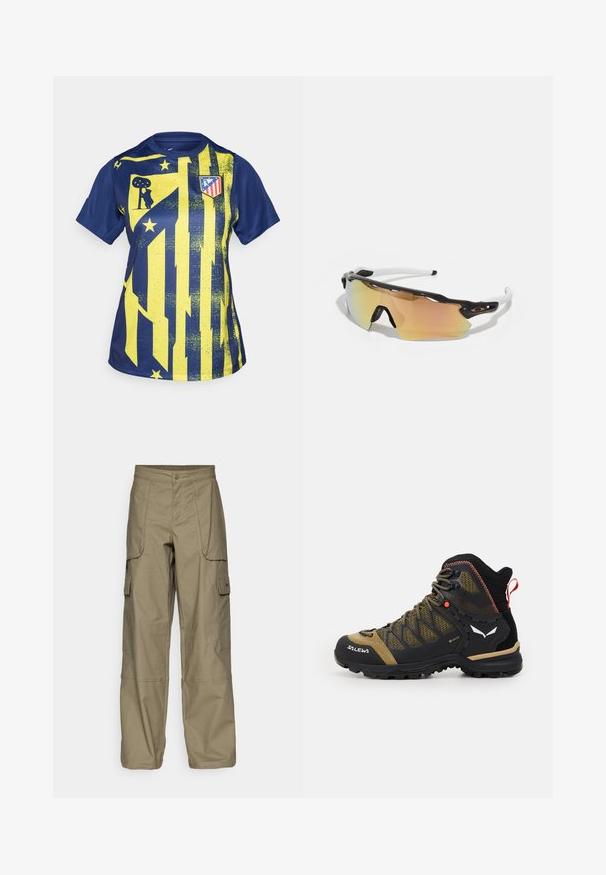 Mėlyna ir geltona sportinė marškinė su grafiniu dizainu, kuriame yra juostų, žvaigždžių ir klubo logotipo. Pagaminti iš lygios, sintetinių medžiagų.; Alyvuogių žalios spalvos cargo kelnės, pasižyminčios laisvu siluetu, keliais šoninėmis kišenėmis ir sagčių uždarymu juosmens srityje. Lygi tekstūra.; Vidutinio aukščio žygio batai juodos ir alyvuogių spalvos, su tinklo viršumi, guminėmis padais ir tekstūruotomis detalėmis bei galine traukimo juostele.; Akiniai nuo saulės su juodai balta rėmu, dideliais veidrodiniais objektyvais auksinėmis ir rožinėmis atspalviais, aerodinaminis dizainas ir išplėstas išorinis rėmelis.