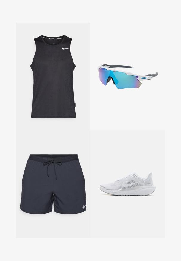 Fekete ujjatlan sporttank top sima anyagból, drága mintázattal és egy kis fehér Nike logóval a mellrészen.; Nike futóshort, sötétszürke, elasztikus derékkal és zsinórral, oldalsó zsebekkel, könnyű anyagból, a fehér Nike logóval az alsó szegélyen.; Fehér sportcipő, hálós felsőrésszel, sima textúrájú díszítőelemekkel, szürke akcentusokkal, fűzőkkel, és párnázott talppal, amely a teljesítmény érdekében készült.; Fehér keretű napszemüveg, szürke díszítéssel és kék tükörlencsékkel. Sportos dizájn, körbeölelő forma és állítható orrtámasz.