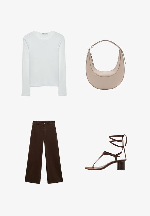 Valkoinen pitkähihais t-paita ribbikankaasta, jossa on pyöreä kaula-aukko ja suora helma. Yksinkertainen, yhtenäinen muotoilu.; Ruskeat leveät housut puuvillasekoituksesta, joissa on revitty helma, etunappikiinnitys ja perinteinen viisi-taskuinen muotoilu. Minimalistiset ja monikäyttöiset.; Ruskeat mokkanahka korkokengät, joissa on kolmiomainen varvassolki, nilkkaketjut ja teksturoitu lohkokanta vakauden takaamiseksi.; Vaaleanbeige nahkainen olkalaukku, jossa on kuu-ukko muoto, sileä pinta ja yksi kaareva kahva. Varusteena vetoketjukiinnitys ja siisti ompelu.