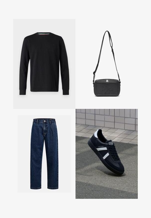 Replay Långärmad tröja - black; Mörkblå denimjeans med rak bendesign. Har synliga sömmar, knappstängning och framträdande veck för extra detalj.; Svart lädersneaker med vita ränder, texturerad gummisul, och snörning fram. Har en märkesskylt på tungan.; Svart läder crossbody-väska med dragkedjestängning, präglad logga på framsidan och justerbar rem. Slät textur med rektangulär form.