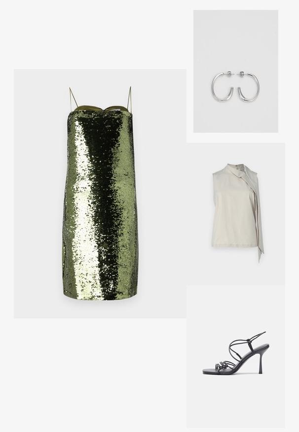 Haut sans manches de couleur beige clair en tissu doux avec un col haut et un drapé asymétrique à l'avant pour un détail supplémentaire.; Robe à paillettes vertes avec une coupe droite, fines bretelles ajustables, présentant une texture réfléchissante et une silhouette élancée.; Des sandales noires à talons hauts avec des fines lanières au design noué, un bout carré lisse et un talon aiguille élégant.; Sac à main en métal gris clair avec une bandoulière en chaîne, orné de petits clous métalliques ronds et d'un logo de marque triangulaire.; Boucles d'oreilles créoles en argent avec une surface lisse et brillante, présentant une forme incurvée et une fermeture à tige. Design minimaliste avec une finition moderne.