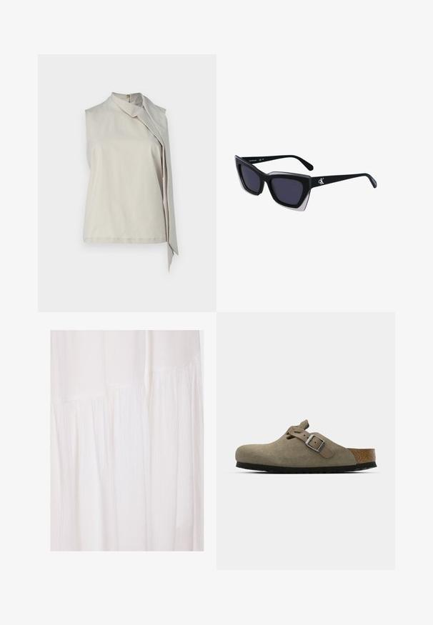 Top brez rokavov v svetlo bež barvi, izdelan iz mehke tkanine, z visokim ovratnikom in asimetričnim draperanjem spredaj za dodaten detajl.; Bela obleka iz blaga z teksturirano površino, mehkim naborkom in neurejenimi oblikovalskimi elementi, ki ustvarjajo tekočo silhueto.; Semišni klobuki v svetlo olivno zeleni barvi z oblikovanim plutovim in gumijastim podplatom. Vključuje stransko zanko z kovinsko zaponko in zaobljenim nosom.; Črne prevelike sončne očala geometrijske oblike, z temnimi lečami in kontrastno sivo podrobnostjo na okvirju. Logo na ročaju.; Srebrne obročaste uhane z gladko, sijočo površino. Zaobljena oblika, lahka zasnova, z zapiranjem na zatič.