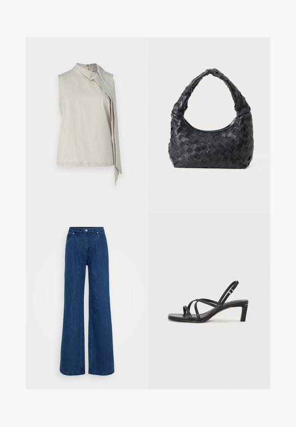 Top sin mangas de color beige claro, confeccionado en una tela suave, que presenta un alto cuello y un drapeado asimétrico en la parte delantera para un detalle adicional.; Pantalones vaqueros de mezclilla azul de pierna ancha con cintura alta, cierre frontal de botón y cremallera, y bolsillos delanteros y traseros sobre un fondo liso.; Sandalia negra de tiras con punta cuadrada y tacón bajo de bloque. Presenta múltiples tiras delgadas y una correa ajustable en el tobillo. Fabricada en cuero suave.; Bolso de hombro de cuero negro trenzado con un asa redondeada y un cuerpo en forma de media luna sobre un fondo liso.; Anillo de plata de doble banda con una superficie lisa y pulida. Presenta un diseño fluido y curvado con secciones superpuestas para un aspecto moderno.