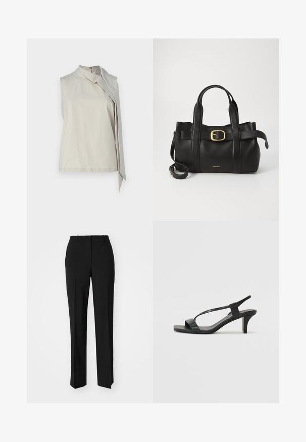 Bezrukávový, svetlo béžový top vyrobený z jemnej látky, ktorý má vysoký golier a asymetrický prehoz pozdĺž prednej strany pre zvýraznenie detailov.; Čierne krajčírské nohavice so strihom rovného nohu, s hladkou textúrou a ostrými skladmi pozdĺž prednej časti. Žiadne viditeľné hardvér.; Čierne sandále na podpätku so štíhlym dizajnom popruhov, štvorcovou špičkou a stredne vysokým blokovým podpätkom. Vyrobené z hladkej kože s matným povrchom.; Čierna kožená kabelka s štruktúrovaným dizajnom, dvojitými hornými uchopiteľmi, zlatým prackovým akcentom a embosovaným logom značky na prednej strane.