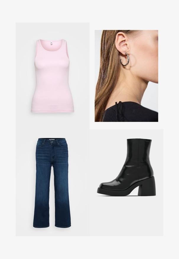 Rosa bomullstopp med ribbestruktur og klassisk rund hals. Ermeløs design, tettsittende silhuett, og ingen fremtredende detaljer.; ONLY Petite ONLMADISON BLUSH WIDE - Wide leg - dark blue denim; Sorte ankelstøvler med en blank finish, kvadratisk tå og en tykk blokkheel. Designet har en sømløs silhuett og minimal merkevare.; Sølv ringøredob med en polert finish, med små gull detaljer og en rund form, båret på øreflippen.
