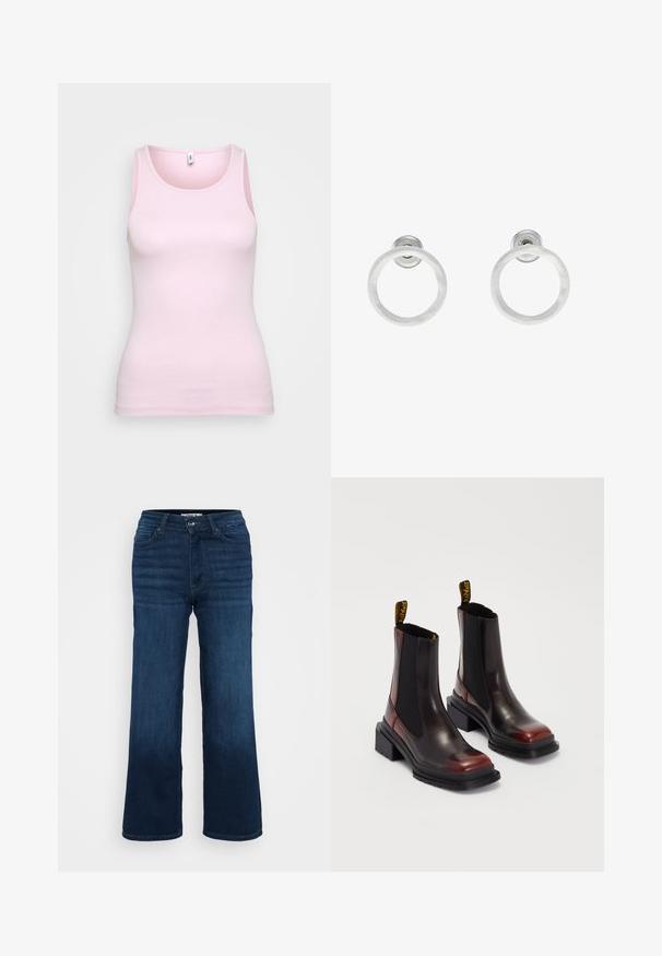 Ružový bavlnený top bez rukávov s rebrovanou textúrou a klasickým okrúhlym výstrihom. Slušný strih, priliehavý silueta a žiadne výrazné detaily.; ONLY Petite ONLMADISON BLUSH WIDE - Široké nohavice - dark blue denim; Dr. Martens MAYBOLE CHELSEA - Členkové čižmy na platforme - black/cherry red; Strieborné kovové náušnice vo forme kruhov s brúsenou textúrou, so zaobleným dizajnom a priehľadným zarážkou pre bezpečné nosenie.