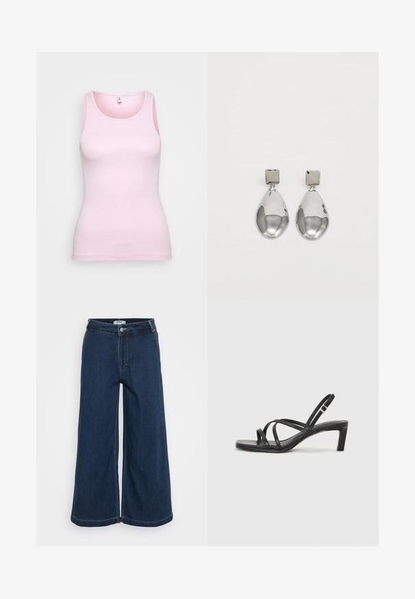 Pink cotton tank top with a ribbed texture and a classic round neckline. Sleeveless design, fitted silhouette, and no prominent detailing.; Wide-leg denim trousers in dark blue. Features a button closure, five pockets, light stitching, and a smooth texture.; Black strappy sandal with a square toe and a low block heel. Features multiple thin straps and an adjustable ankle strap. Made of smooth leather.; Silver drop earrings with a square stud, featuring a smooth, polished finish and a teardrop shape, reflecting light with a glossy surface.