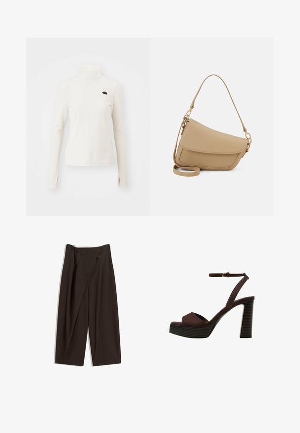 Kremowy golf z długimi rękawami, żebrowana tekstura, posiada małe czarne logo na lewej piersi, miękki materiał, dopasowany krój.; Ciemnobrązowe szerokie spodnie o wysokim stanie, z pojedynczym zapięciem na guzik i plisowanym przodem. Wykonane z lekkiego materiału.; Brązowe zamszowe sandały na wysokim obcasie z odkrytymi palcami, regulowanym paskiem na kostce i paskowatą podeszwą.; Even&Odd - Torebka
