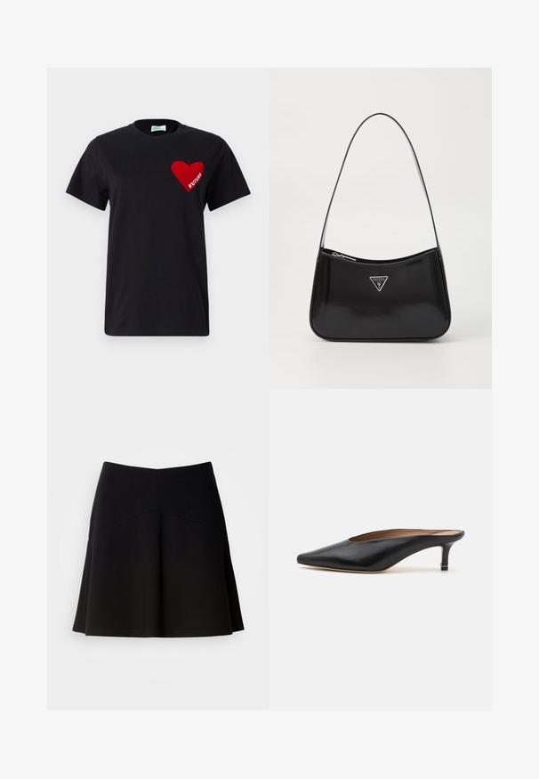 Zwarte katoenen t-shirt met een rode hartgrafiek waarin het woord "FUTURE" staat, met een ronde hals en korte mouwen.; Zwarte klokrok van zacht stof, met een strakke tailleband en naaddetails. Glad textuur met een eenvoudig, klassiek ontwerp.; Zwarte leren muiltjes met een puntige neus en een lage, blokhak. Glad oppervlak met een gestroomlijnd ontwerp. Open achterkant met minimale details.; Zwarte lakleren schoudertas met een gebogen vorm, voorzien van een zilveren driehoeklogo en een ritssluiting. Gladde textuur en slanke schouderband.