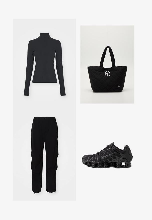 Zwarte geribbelde coltrui met lange mouwen, nauwsluitende pasvorm, gladde textuur en subtiele rek, ontworpen voor comfort en laagjes.; Zwarte outdoorbroek gemaakt van duurzaam materiaal, met een relaxte fit, elastische tailleband en een afgeknipte onderkant voor verstelbare lengte.; Zwarte sportieve schoen met mesh-bovenwerk en glanzende overlays. Bevat afgeronde spoelvering en textuur lijnen aan de zijkant. Nike-logo zichtbaar.; Gequilted zwarte draagtas met dubbele handvatten, voorzien van een wit New York Yankees-logo en een klein merkembleem aan de zijkant.