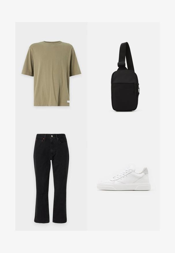 Abercrombie & Fitch PREMIUM CREW JOCKTAG - Basic T-shirt - mermaid; Black denim jeans featuring a straight leg design, five-pocket style, and metal hardware with copper accents. Smooth texture and medium rise.; White leather sneakers with a smooth finish, rounded toe, flat laces, and a textured sole. Grey suede accent at the heel.; Black crossbody bag made of durable fabric, featuring a single adjustable strap, a zippered main compartment, and a front pocket.