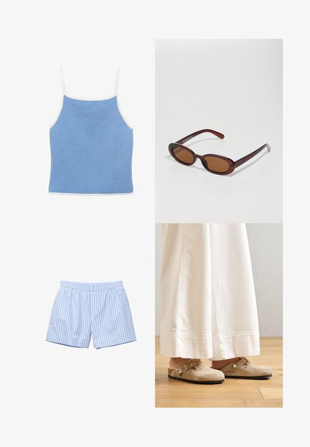 Svetlomodrý pletený top bez rukávov s bielymi detailmi, so štíhlymi ramienkami a priliehavým strihom s hladkým, textúrovaným povrchom.; Svetlomodré pruhované boxerky vyrobené z mäkkej bavlny. Majú elastický pás, zapínanie na gombík a voľný strih. Na boku je diskrétne logo.; Bežové semišové dreváky s prackou a cvočkovými detailmi, nosené s bielymi širokými nohavicami, umiestnené na drevenej podlahe.; Okrúhle slnečné okuliare s hnedým nádychom a lesklým burgundským rámom. Úzke ramená s jemným brandovaním. Plochej šošovky dizajn.; Biela tkaná kabelka s zaoblenou rúčkou, so zapínaním na zips a polstrovanou štruktúrou. Hladký povrch a geometrický vzor na ploche.
