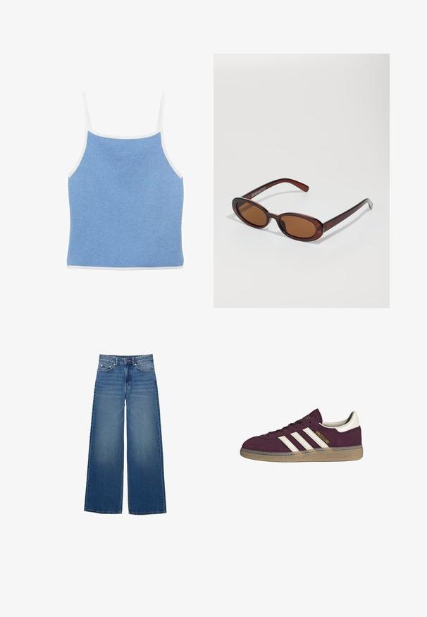 Ljusblå stickad tanktop med vit kant, med tunna axelremmar och en åtsittande design med en slät, texturerad yta.; Vida jeans i denim med vida ben, hög midja, sydda detaljer och en enkel design med en lätt blekningseffekt.; Mörk röd mockaskor med vita tre ränder och beige detaljer. Har en strukturerad gummisula och guldbranding på sidan.; Runda, bruntonade solglasögon med en glansig bordeauxfärgad ram. Smala bågar med subtilt varumärkesdetalj. Platt linsdesign.; Brun vävd läderhandväska med en slapp, triangulär form. Har ett flätat handtag och en dragkedjestängning längs toppen.