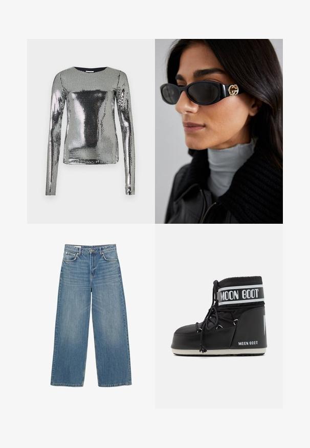 Top argento a maniche lunghe coperto da piccoli paillettes riflettenti, scollo rotondo, design aderente, texture liscia, con una superficie uniformemente scintillante.; Jeans a gamba larga di colore azzurro chiaro in denim. Presentano cinque tasche, una chiusura con bottone e un orlo pulito. Sbiaditi su tutta la superficie per un effetto di texture.; Stivale Moon Boot nero con tomaia imbottita, fissata da lacci e una distintiva fascia bianca con il logo. Suola in gomma spessa e texture.; Occhiali da sole neri con una montatura rettangolare elegante e un accento del logo dorato sul lato. Le lenti scure e la finitura lucida sono evidenti.