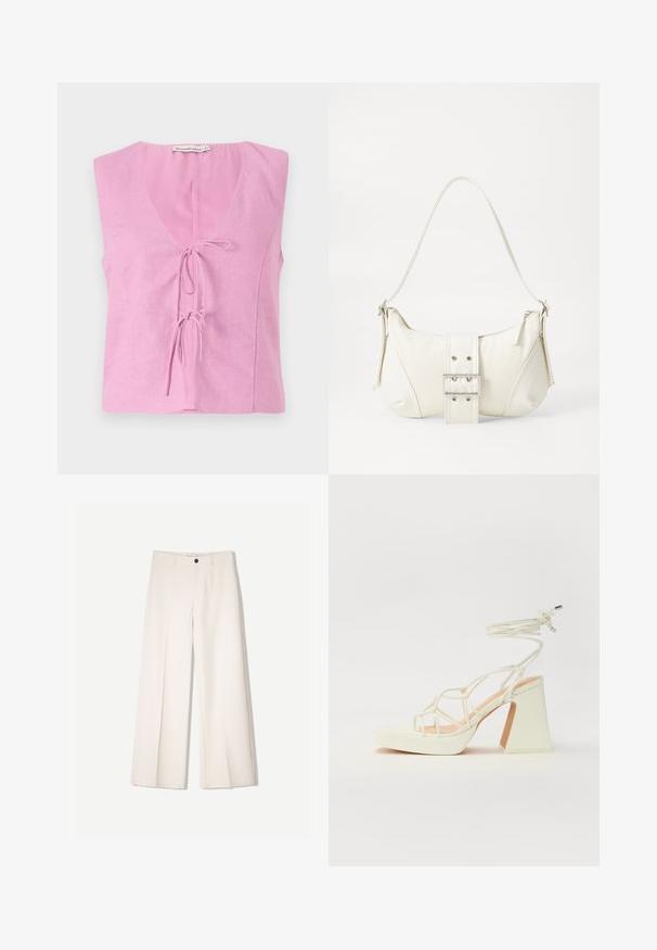 Top senza maniche in lino rosa con scollatura a V e chiusura a legaccio regolabile. Presenta una vestibilità ampia e una texture liscia. Etichetta visibile all'apertura del collo.; Pantaloni larghi color crema con design sartoriale, dotati di due tasche frontali e una chiusura con bottone anteriore, realizzati in tessuto liscio.; Sandalo bianco con tacco alto, caratterizzato da un design a cinturini e un legaccio alla caviglia. Texture liscia con una piattaforma frontale per un'altezza aggiuntiva.; Borsa a spalla bianca con una finitura testurizzata, un accentuato fermaglio centrale e una forma curva. Chiusure a cerniera su entrambi i lati.
